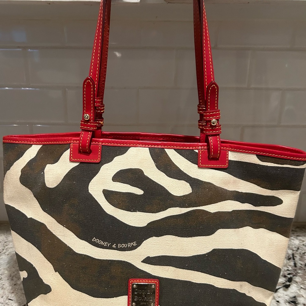 Dooney & Bourke Red and Black/Brown Tote Bag with Zebra Print